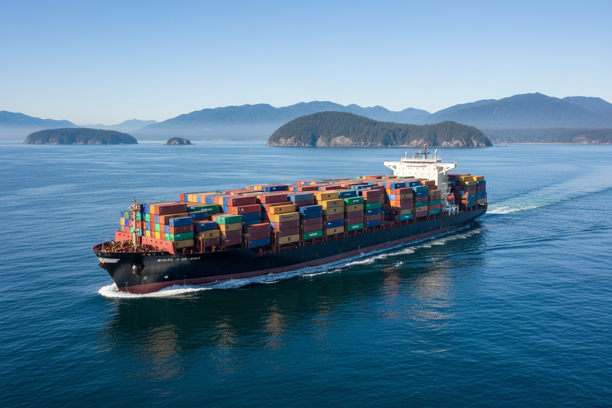 cargo ship full of containers heading for down the pacific coast of North America 