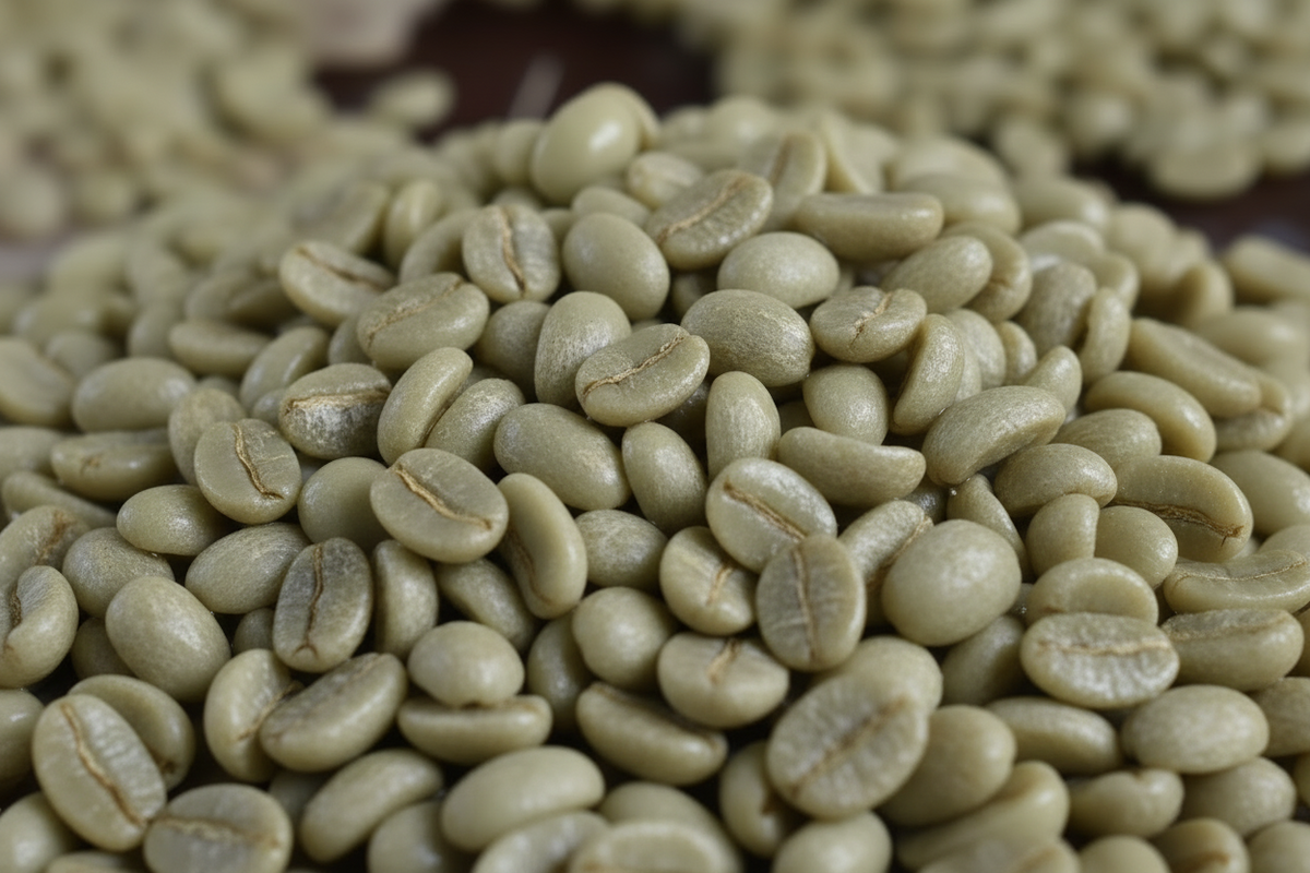 create an image of freshly hulled undried raw coffee beans 