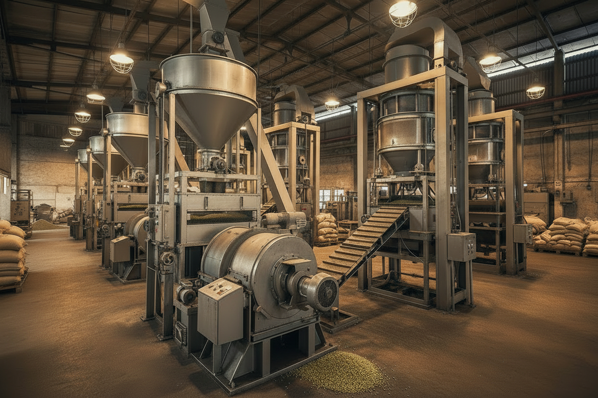 create an image of the inside of a coffee mill with large industrial hulling and screening machines 