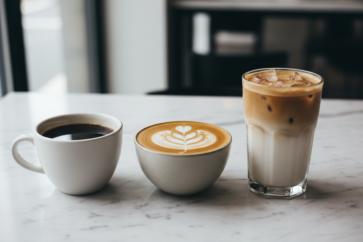 make an image of three coffee cups. the first one with black coffee. the second one with a latte and the third one with an iced cappiccino 