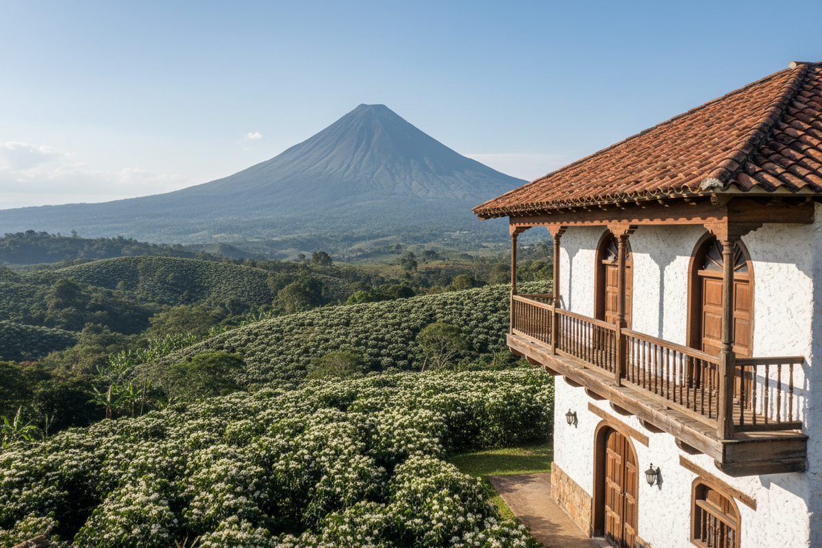 nicaraguan colonial home looking out at a volcanic coffee farm blooming with white coffee flowers 