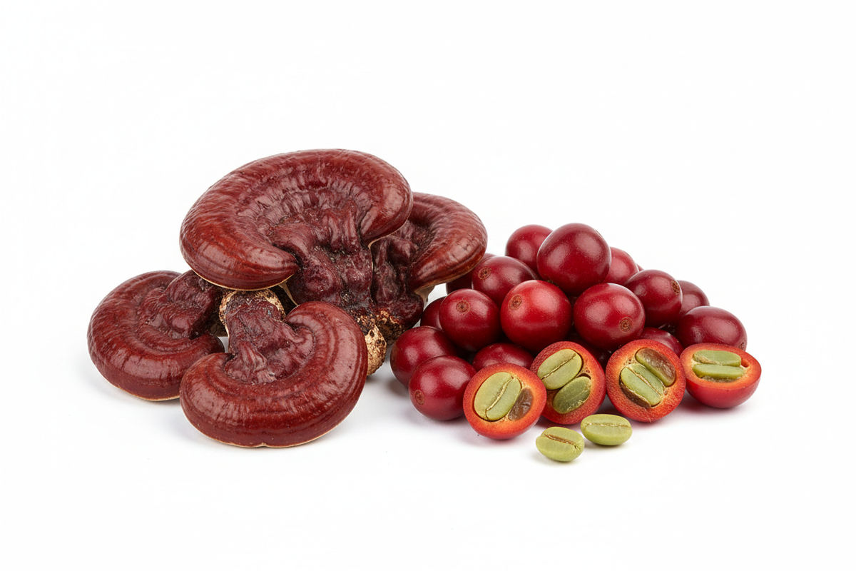 raw reishi mushroom with coffee fruit 