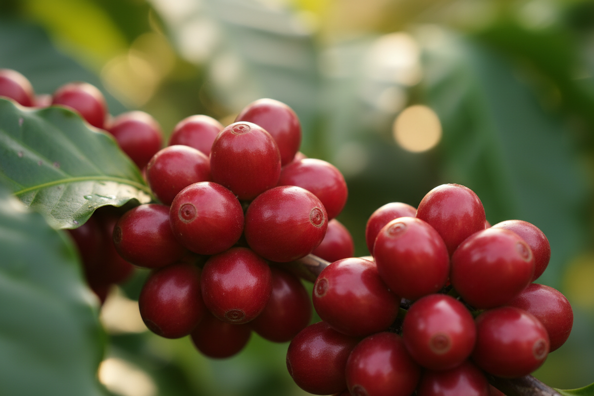 show close up of ripe red coffee berries 